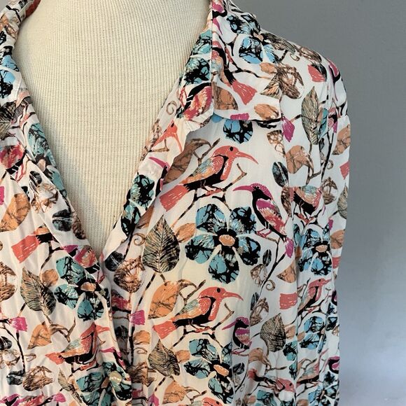 Talbots Blouse Sz 2X Bird Print Long Sleeves Roll Tab Teacher Art To Wear Casual - Picture 7 of 9